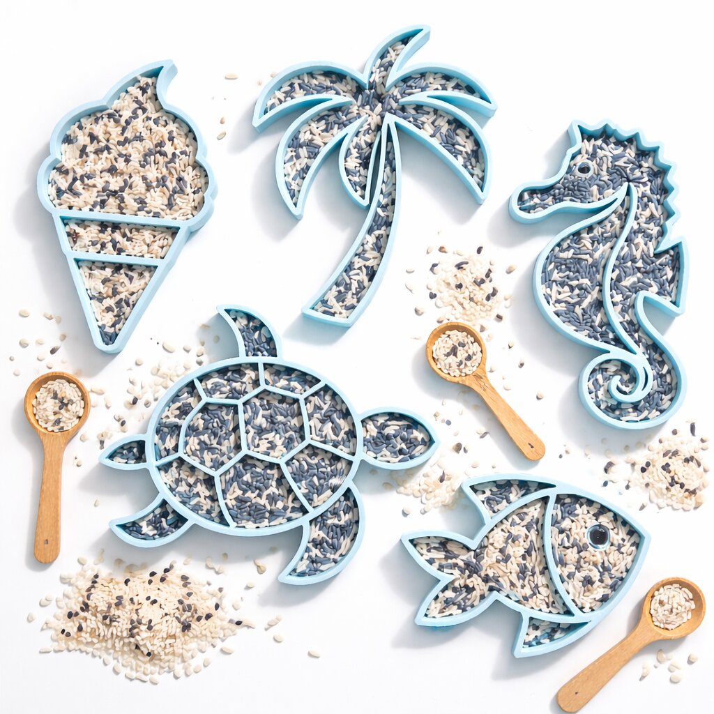 Set joaca senzoriala vara copii - 5 tavite (broasca testoasa, calut de mare, peste, inghetata, palmier) 3 Set joaca senzoriala vara copii - 5 tavite (broasca testoasa, calut de mare, peste, inghetata, palmier)
