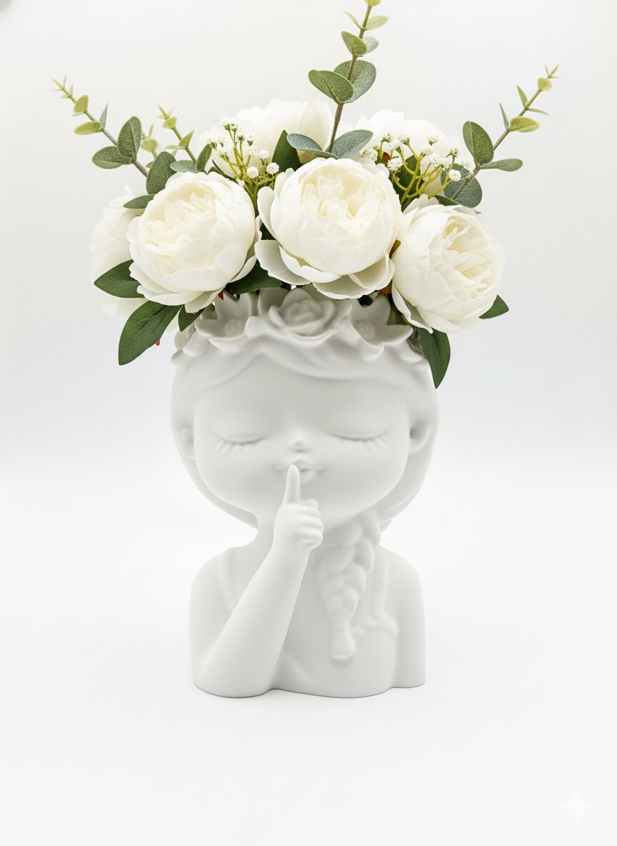 Vaza decorativa fetita cu flori, printata 3D, alba 3 Vaza decorativa fetita cu flori, printata 3D, alba